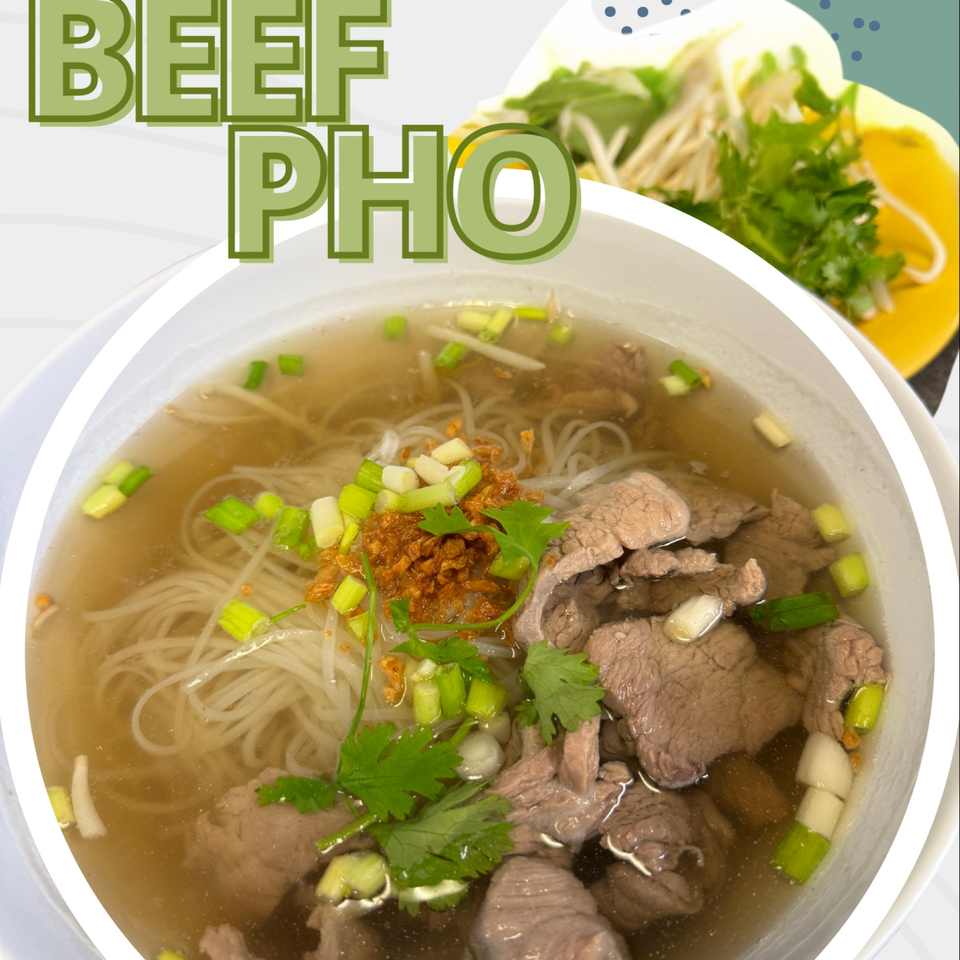 A bowl of Tasty Thai Campus Beef Pho with noodles, sliced beef, green onions, and cilantro.