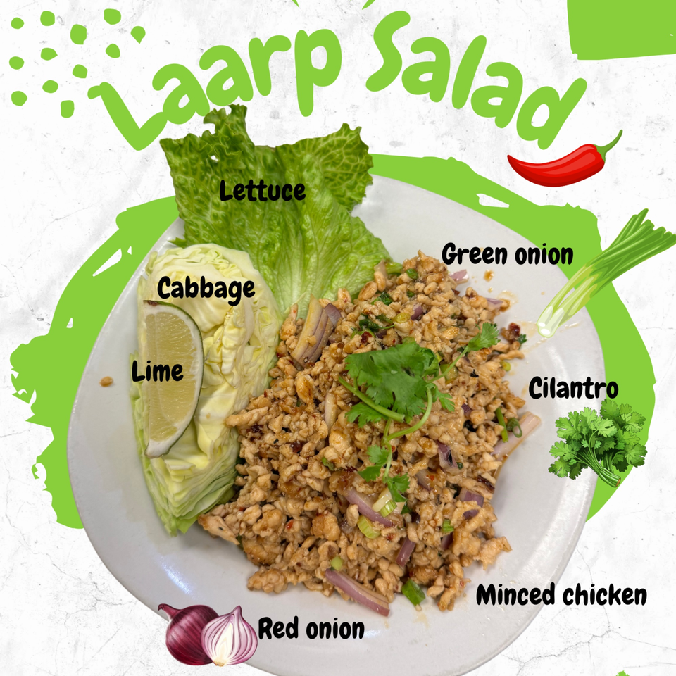 Tasty Thai Campus's Laarp Salad with minced chicken, red onion, green onion, cilantro, cabbage, and lime.