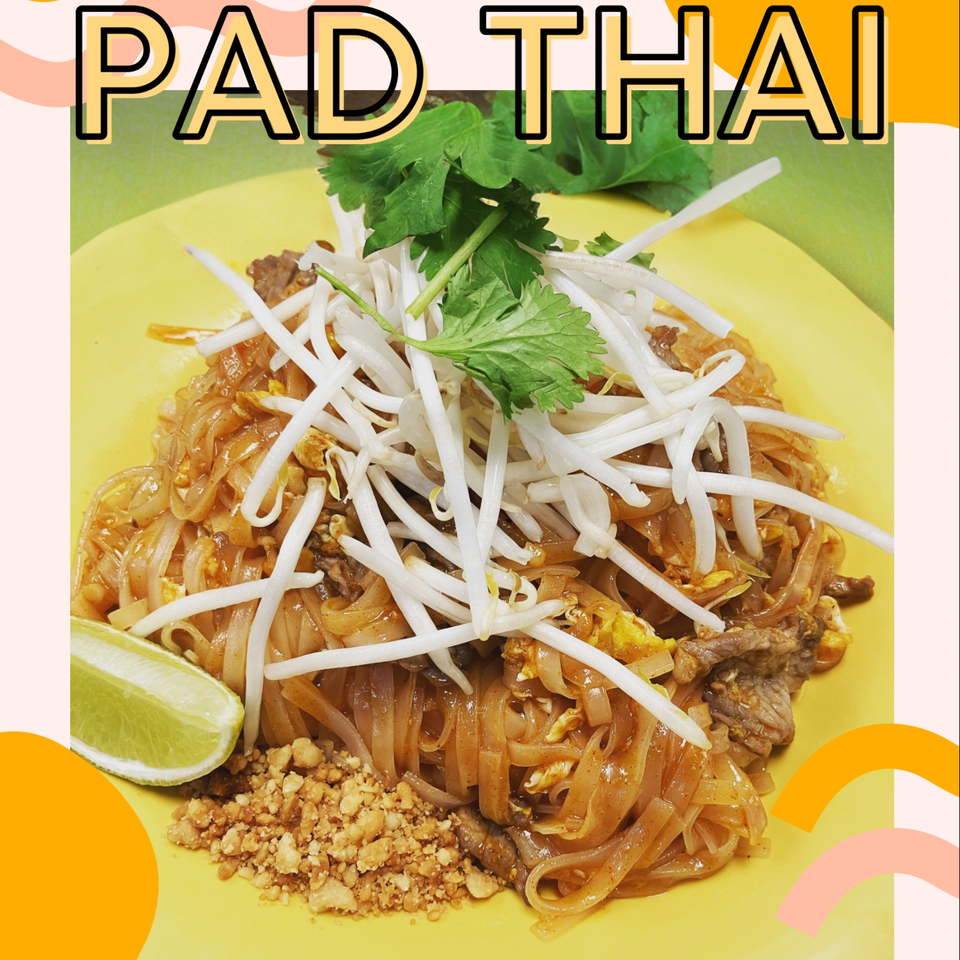 Tasty Thai Campus Pad Thai with noodles, bean sprouts, cilantro, peanuts, and lime.
